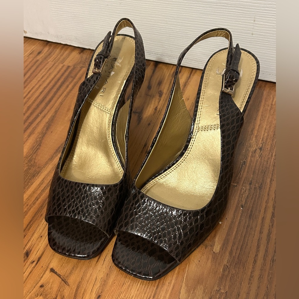Tahari Dark Brown Snake-Embossed Slingback Heels with Gold Insole